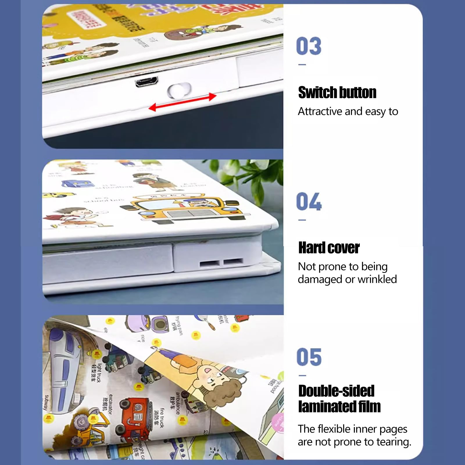 Libro de actividades de aprendizaje automático de inglés con función de habla y materiales de papel seguros, ideal para jóvenes principiantes en la educación temprana