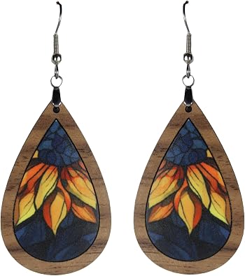 LND Wood Acrylic Sunflower Tear drop Earrings for Women, Multicolor Jewelry for Summer, Gift For, 3 Inch
