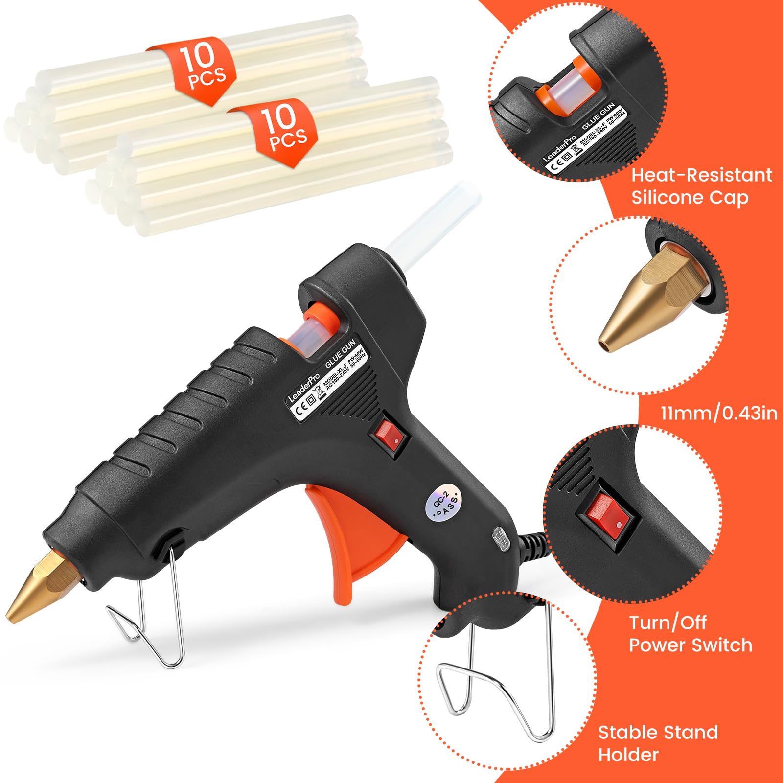 Pistolet à Colle LeaderPro avec une Trousse à Outil, 60W (Plus Efficace que 20W), 20pcs Bâtons de Colle 19cm*11mm, pour Bricolages/Loisir Créatifs/DIY, Noir