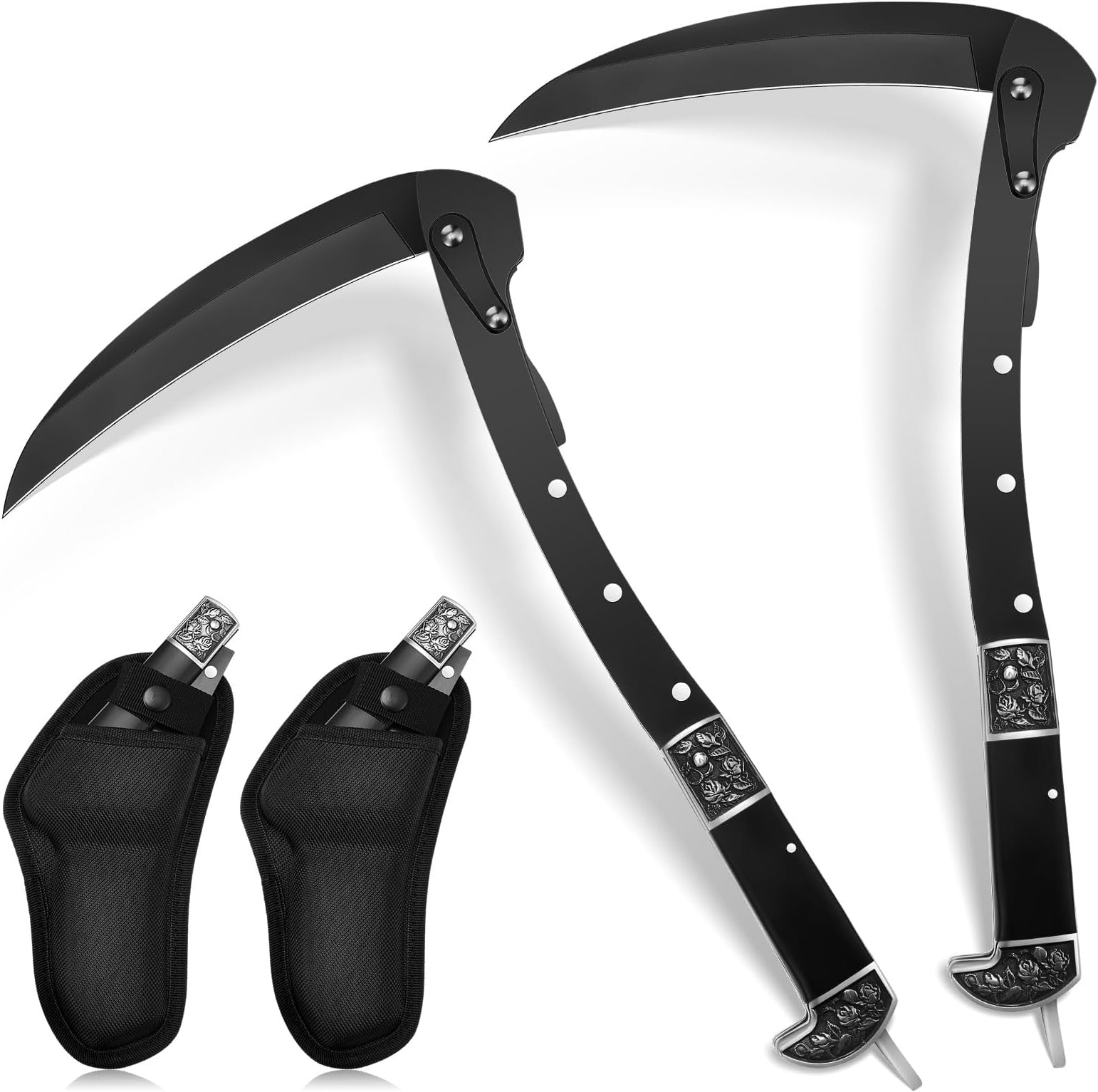 Sickle Garden Too Long Handle Black Edge Folding Sickle Grass Lawn Scythe Portable Safety Weed Remover Tools Sickle Weeder Sharp Sickle Knife with Sheath for Gardening Farming Cutting