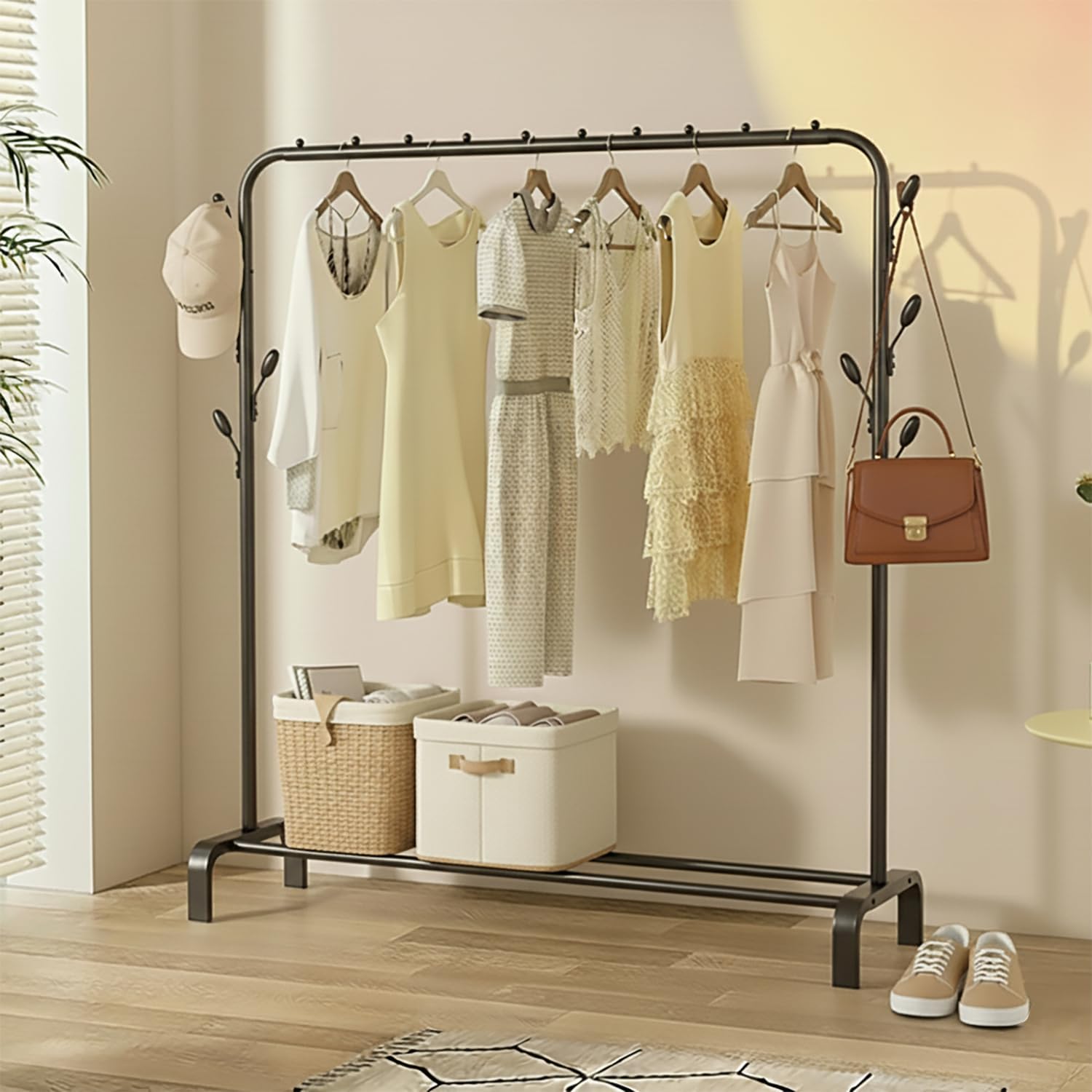 House of Quirk Heavy Duty Iron Garment Rack with 8 Branch Hooks – Freestanding Clothes Organizer Stand with Top Rod & Bottom Shelf for Bedroom & Entryway (Black, 150×42×110 cm)