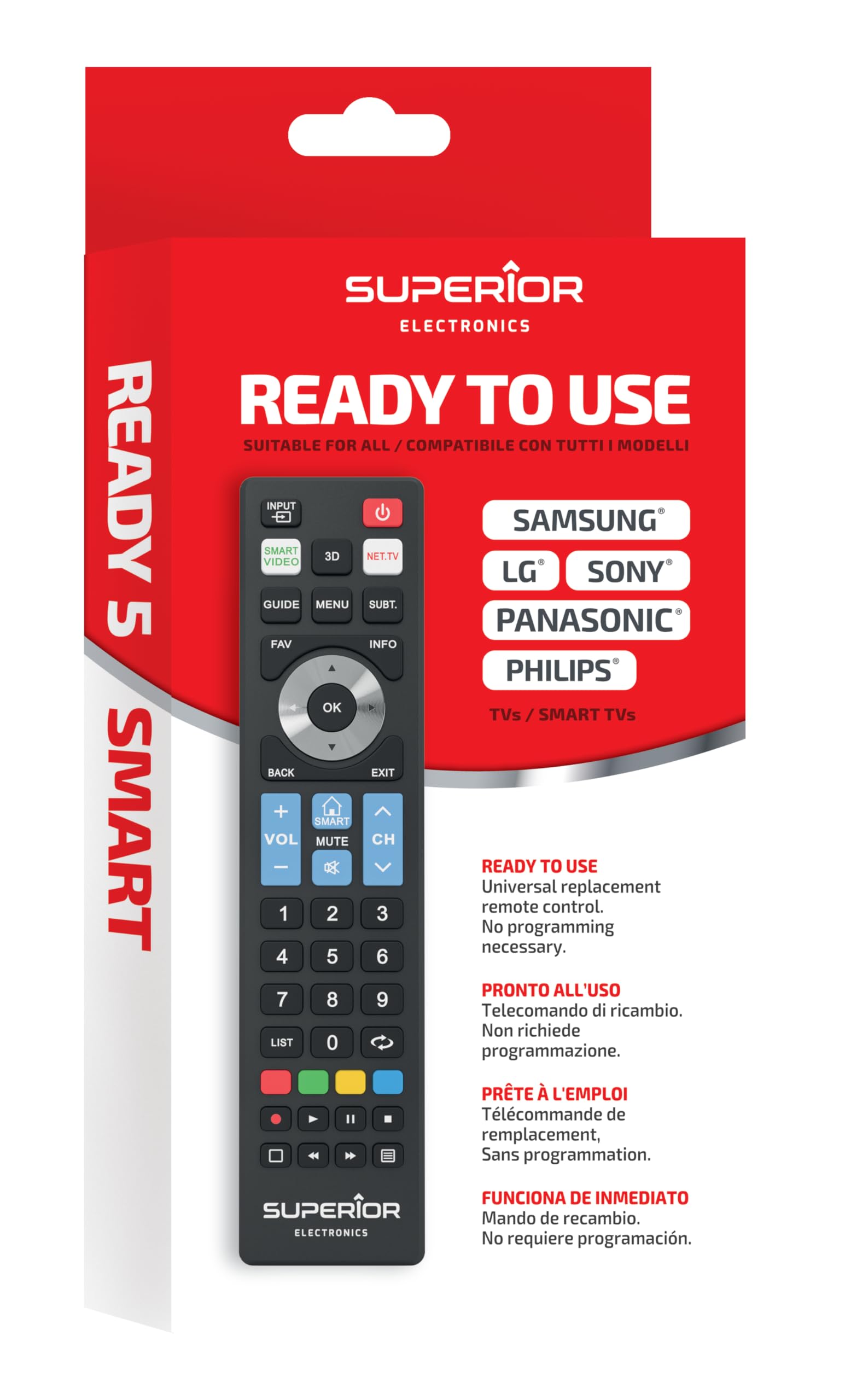 Superior Electronics Ready5 Smart (Samsung, LG, Philips, Sony, Panasonic) uniwersalny pilot zastępczy gotowy do użycia, czarny
