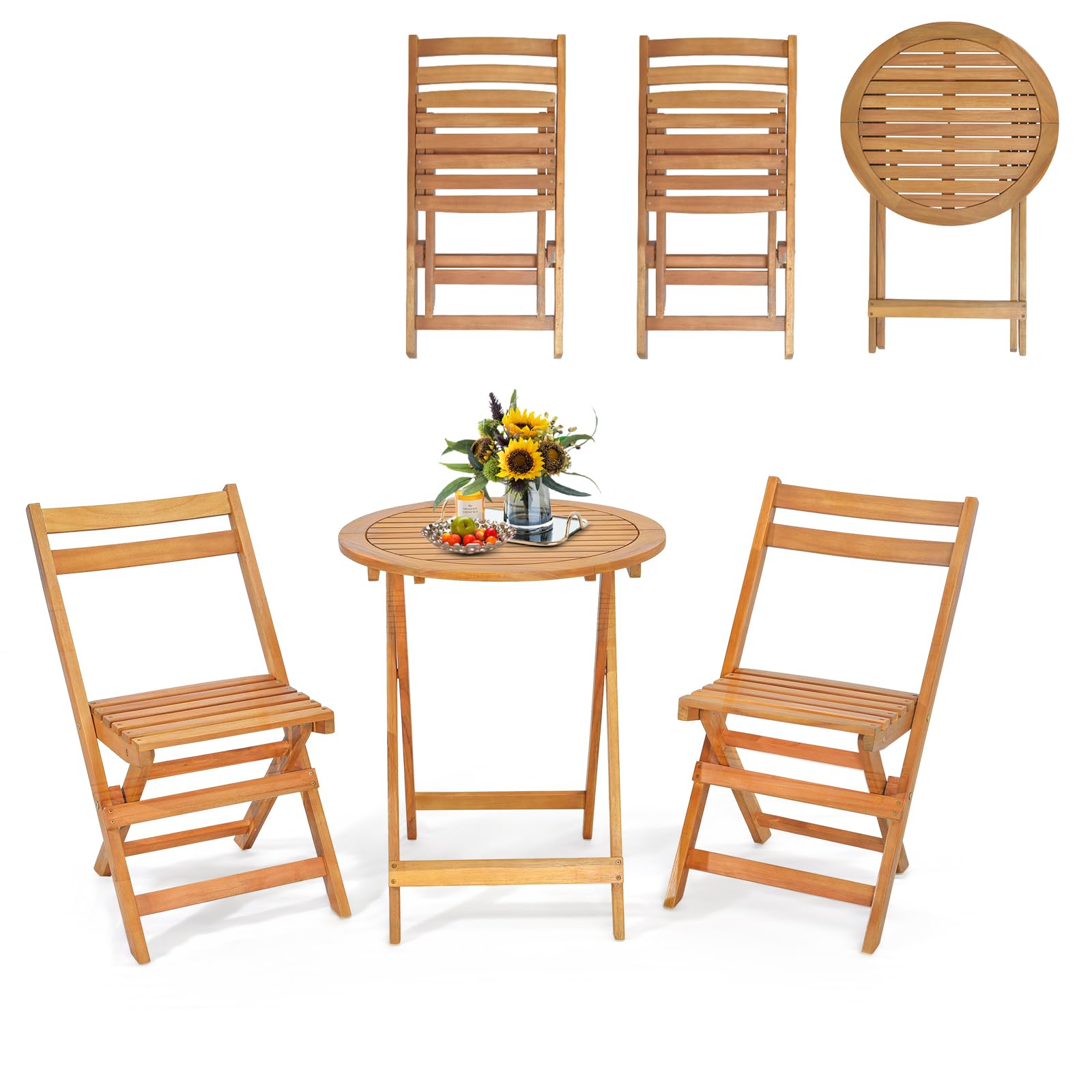 KOMFOTTEU Juego de Muebles de Jardín Plegables, Conjunto de Mesa y 2 Sillas de Madera de Acacia, Conjunto de Bistró de 3 Piezas, Set de Asientos y Mesa para Patio, Terreza, Balcón