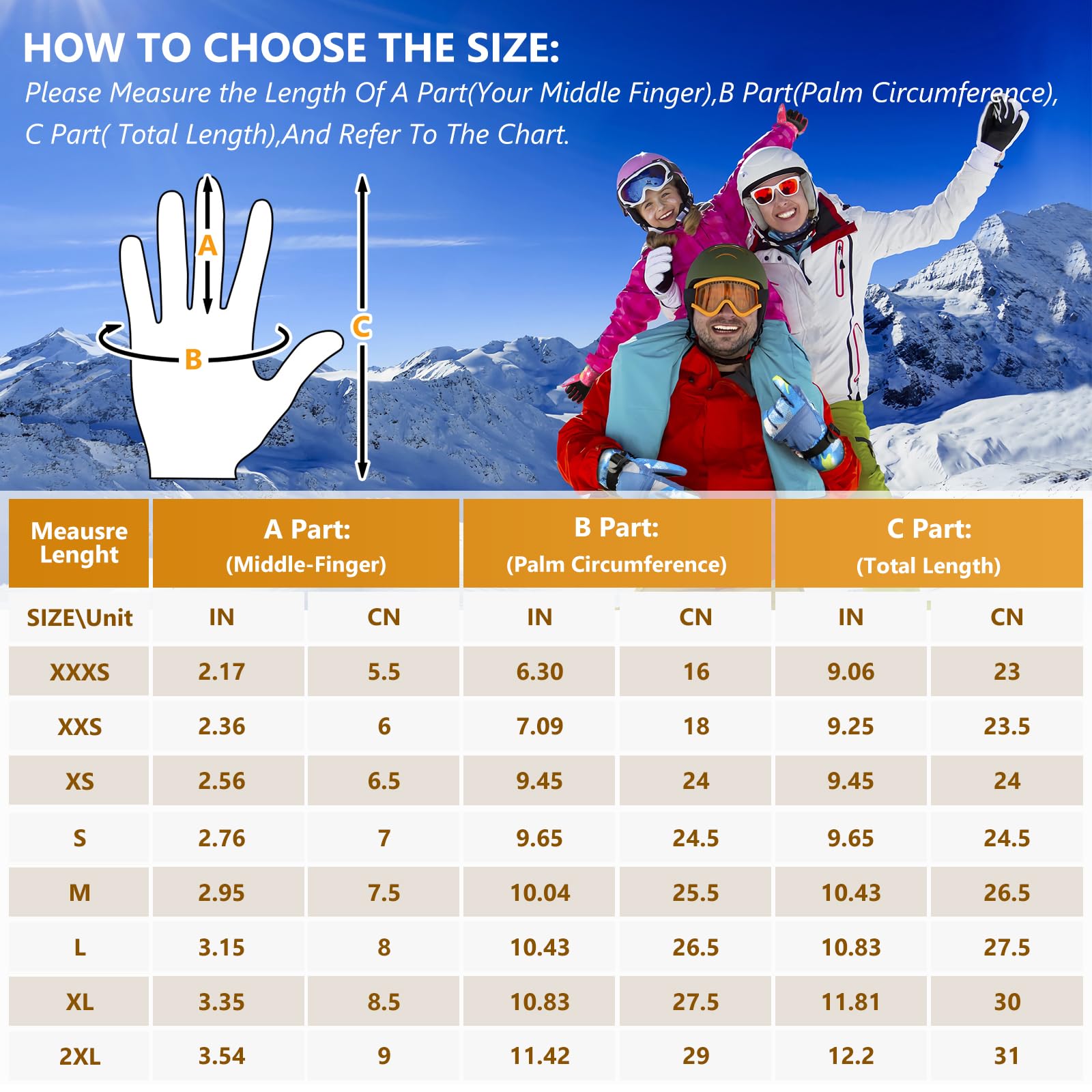 Guanti da sci, guanti da inverno, guanti da neve da sciare e da snowboard, guanti da freddo, per entrambi i sessi, per genitori e bambini, braccialetto con braccialetto