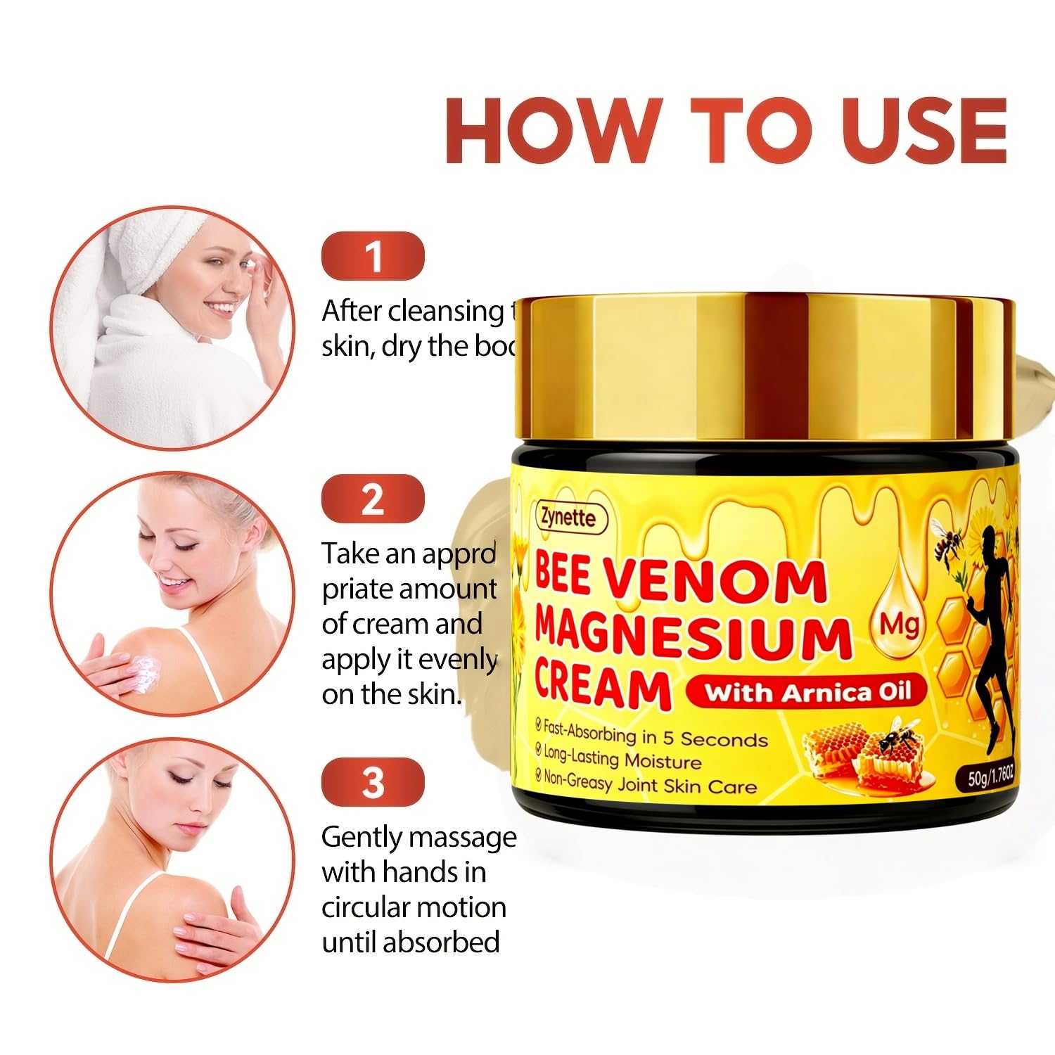 Bee Venom Magnesium Cream with Arnica Oil Collagen Retinol Anti-aging Moisturizing Cream Deep Hydration Firming Lifting Brighten Smooth Facial Tightening Cream for Joint Skin Care