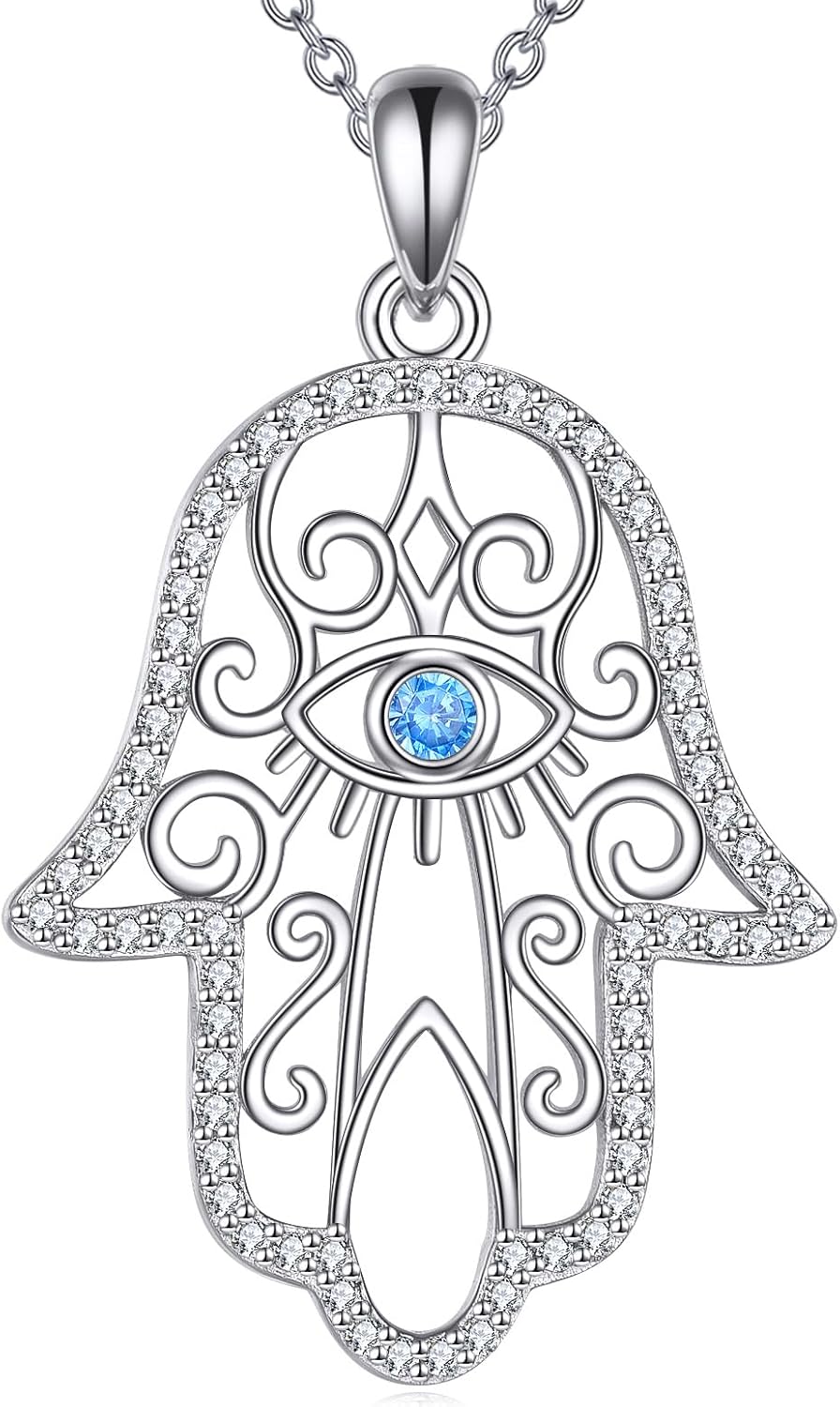 Hamsa Necklace 925 Sterling Silver Hamsa Hand of Fatima Pendant Evil Eye Jewelry for Women