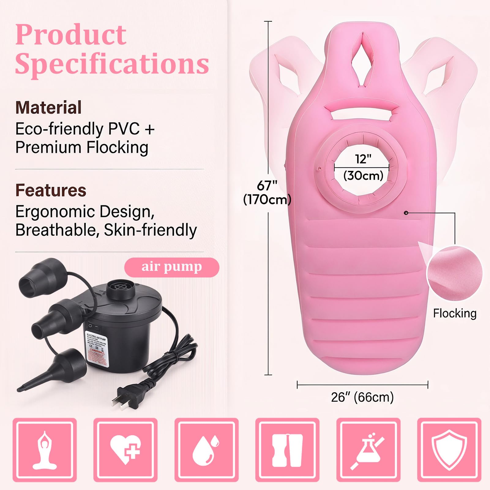 Almohada hinchable de embarazo, colchón de aire para embarazadas, almohada abdominal para embarazadas, almohada de embarazo, cojín de PVC flocado, para aliviar la espalda y el abdomen, con bomba (rosa