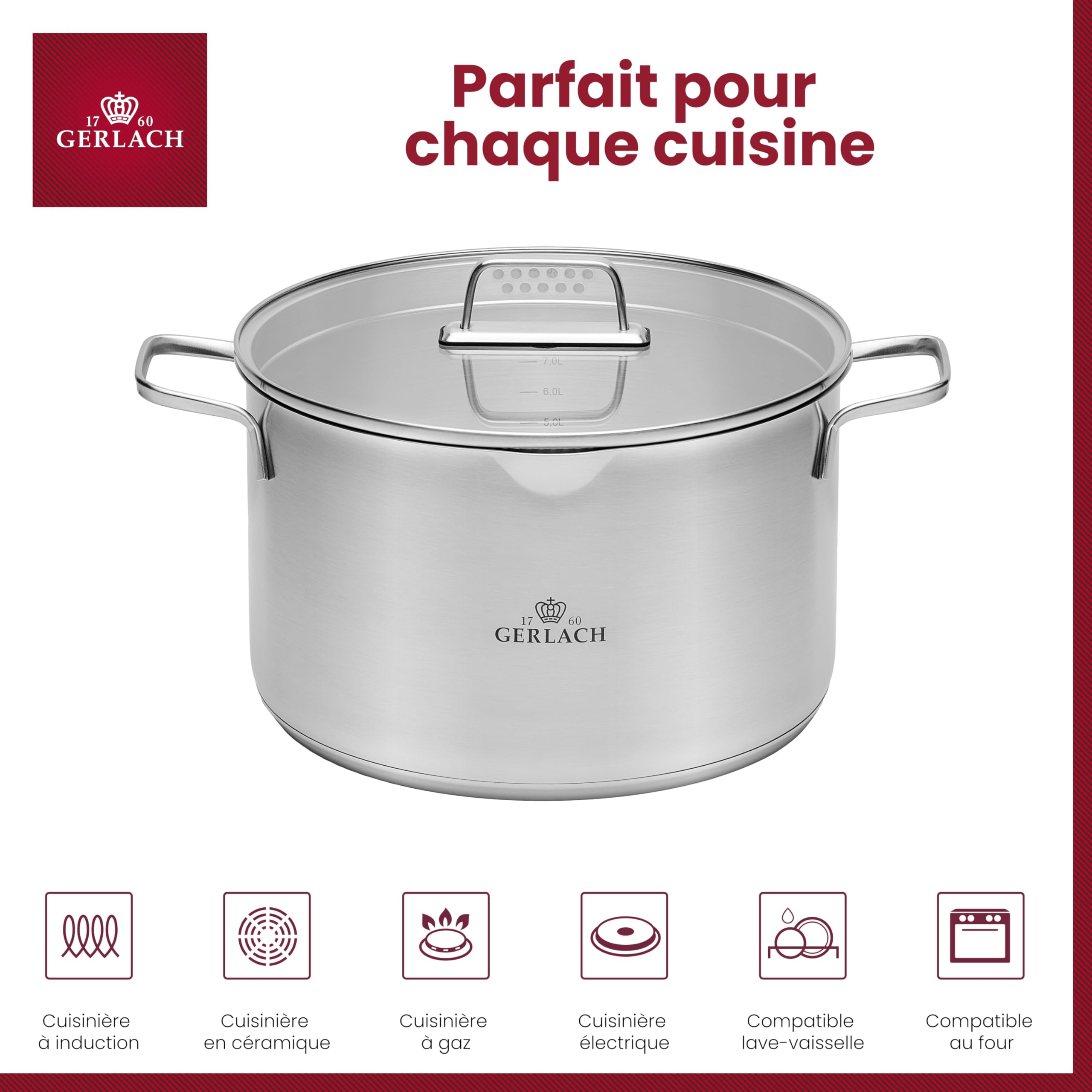 Gerlach 1760 Marmite 10 L Cuisinière électrique à induction à gaz en céramique Passe au four au lave-vaisselle Marmite à viande à induction Ø 28 cm avec couvercle en verre trempé Ambiente