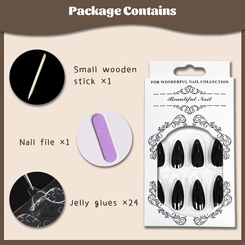Miniatura 61 de Uñas postizas largas a presión, uñas postizas negras con diamantes de imitación 3D, diseño de mariposa, mate, cobertura completa, para mujer