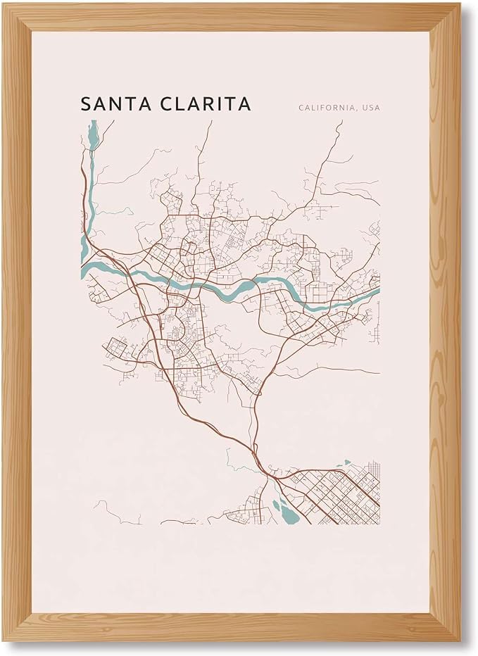 Framed Santa Clarita Map Poster Canvas Print Minimalist Aesthetic Contemporary Wall Art Wall Decor Elegant Home Decor for Living Room Bedroom Office (Wood Framed,12L X16W)