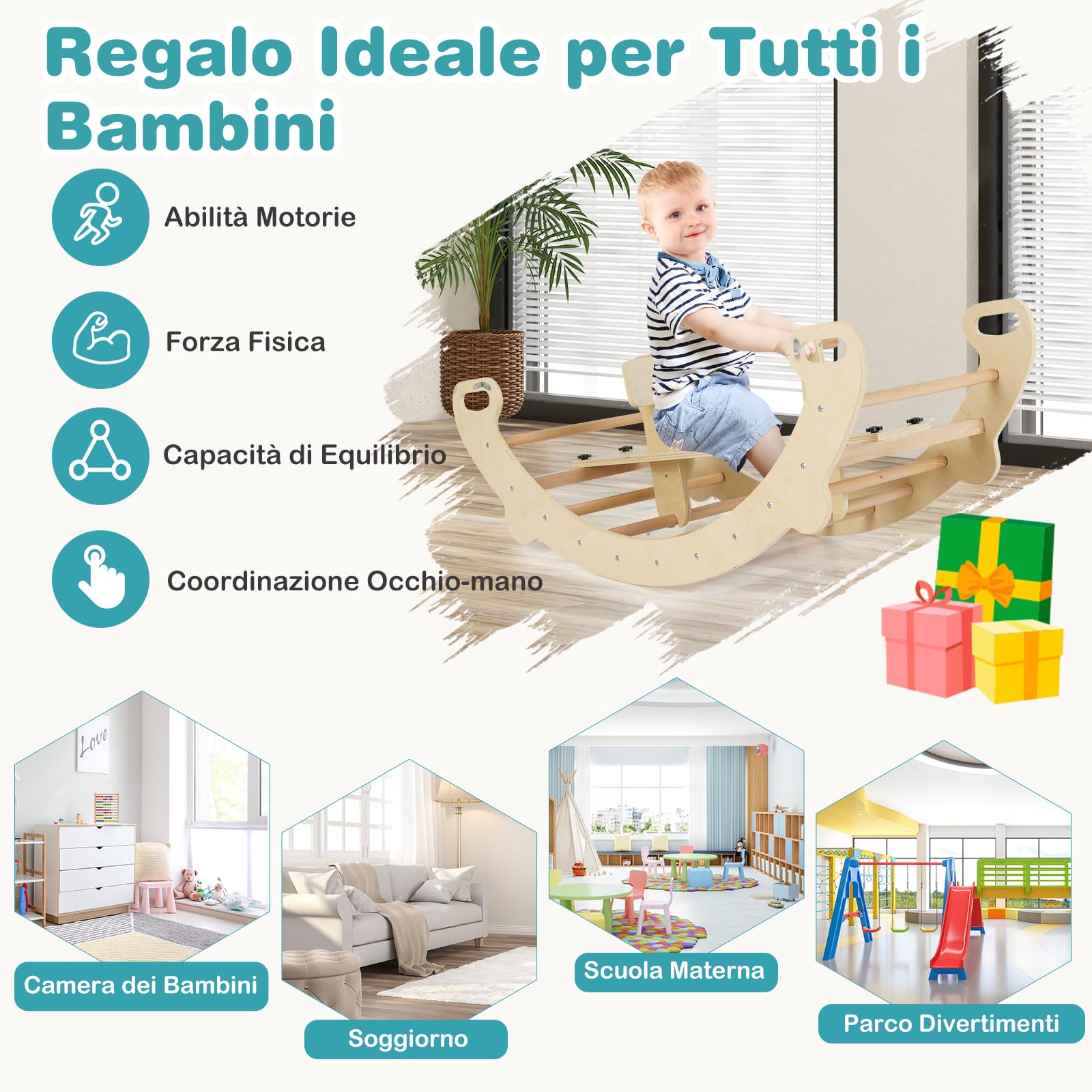 COSTWAY 4 in 1 Arrampicata per Bambini, Arco Cavallo a Dondolo Multifunzionale in Legno, Dondolo a 35°, Ideale per Bambini 1-5 Anni, 112 x 52 x 44 cm (Naturale)