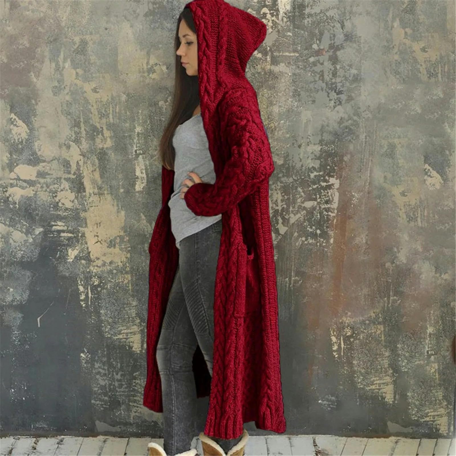 sweter sweter sweter luźny sweter z kapturem solidna zimowa kieszeń dzianiny długi płaszcz damski