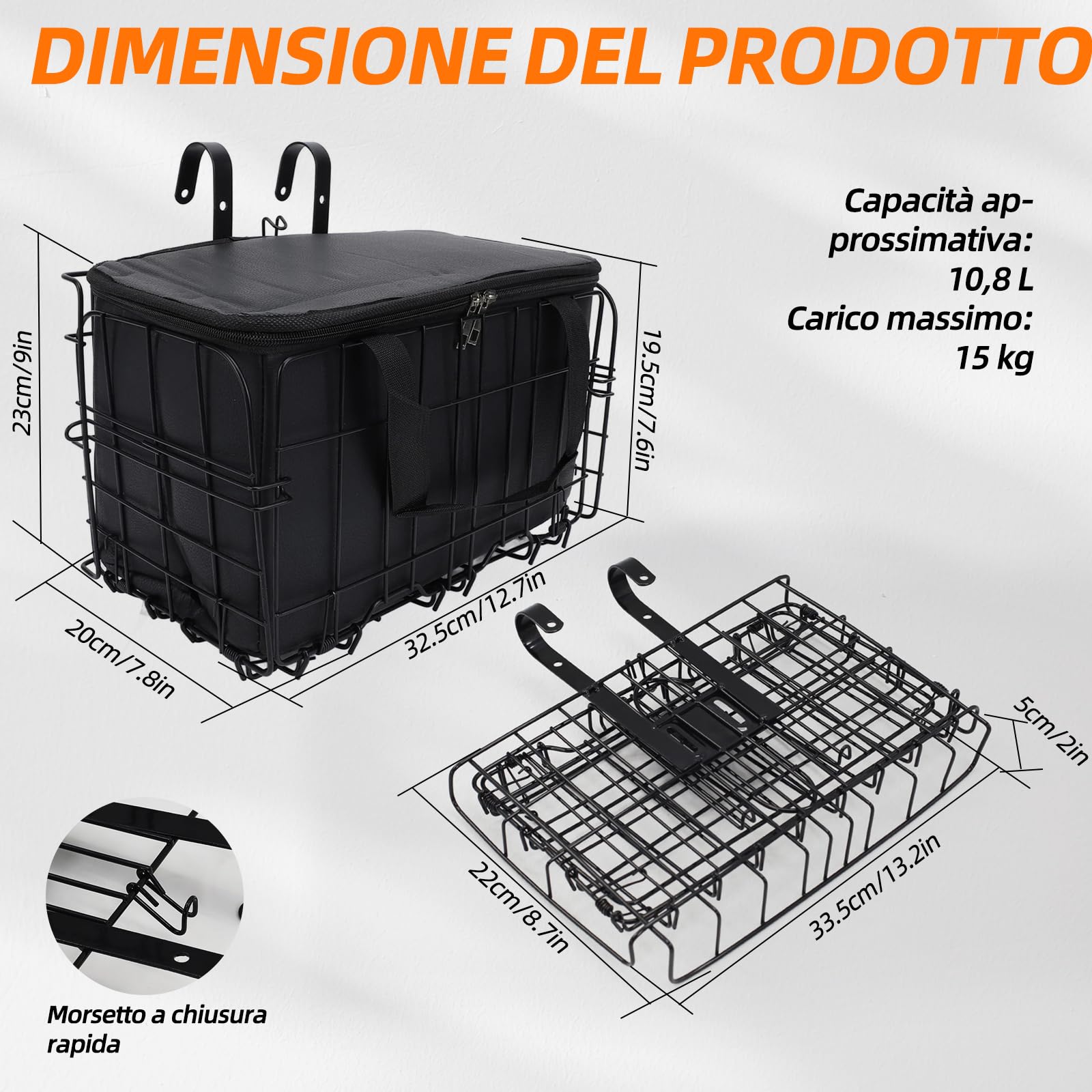Cestino da bicicletta unisex per bicicletta, rimovibile, grande capacità, adatto per e-bike, mountain bike, city bike e biciclette per il tempo libero. (cestino pieghevole anteriore)