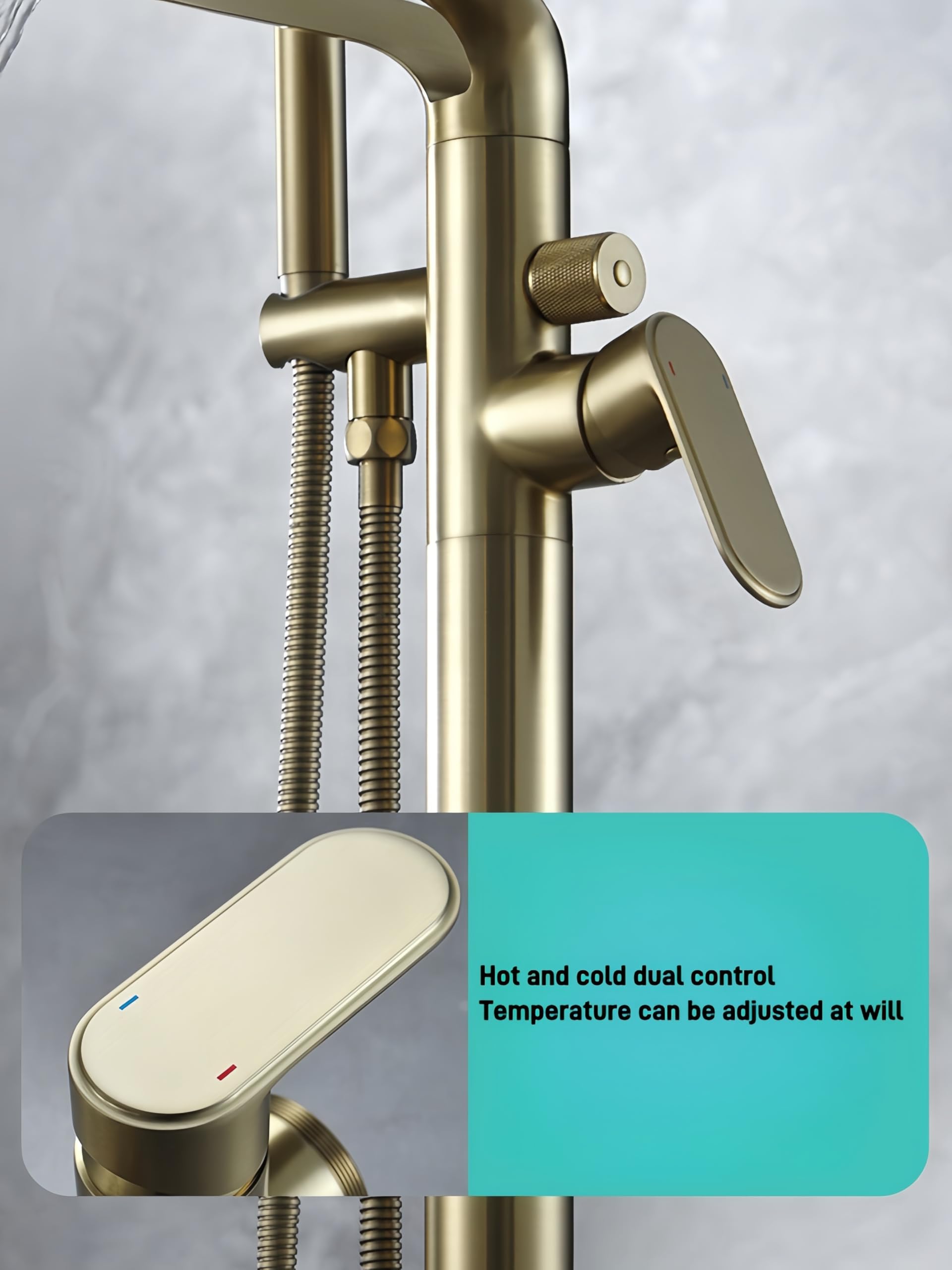 Grifo de bañera de Pie, mezclador de baño Tipo Cascada, cabezal de ducha de Mano para bañera, montaje en suelo, latón Negro (Oro cepillado-B)