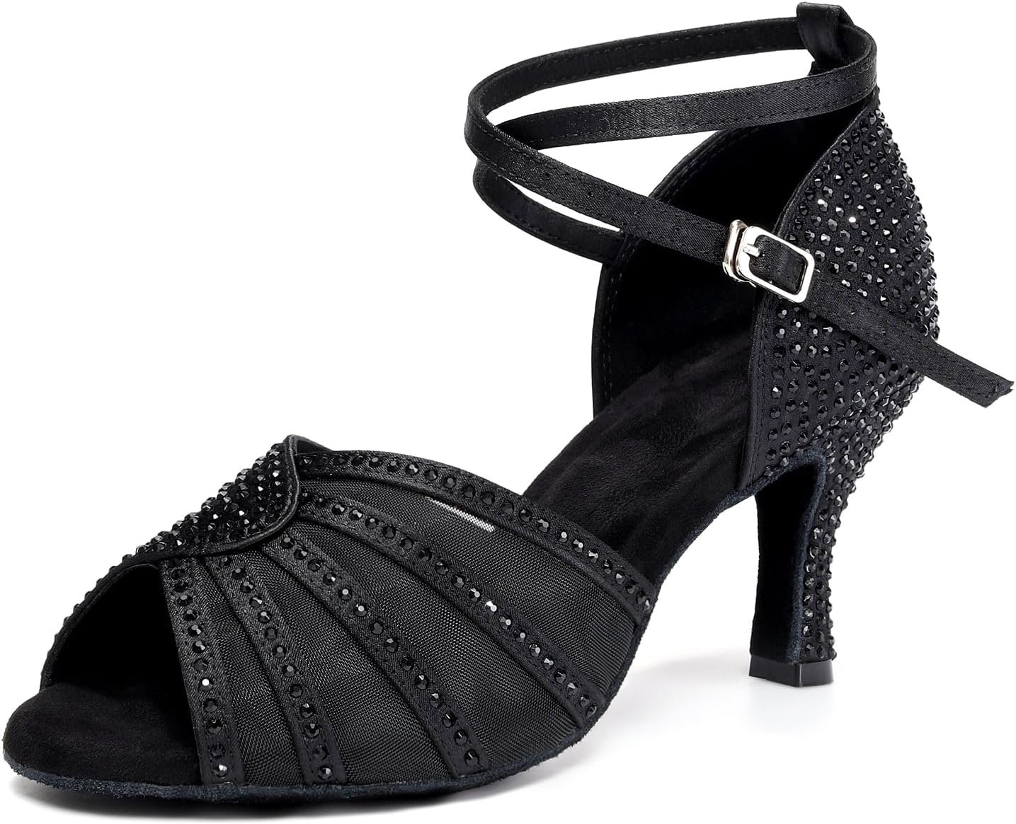 Women's Ballroom Dance Shoes Rhinestones Open Toe Professional Latin Salsa Performance Dancing Heels,Model YC-L598-Suede Sole-3”Heel