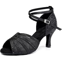 Womens Ballroom Dance Shoes Rhinestones Open Toe Professional Latin Salsa Performance Dancing Heels,Model YC-L598-Suede Sole-3Heel