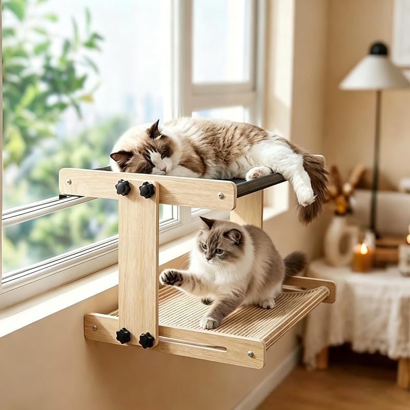 Cama de Janela para Gatos com 2 Níveis, Estrutura de Madeira e Metal com Arranhador LUNNTE CT-2, Nature