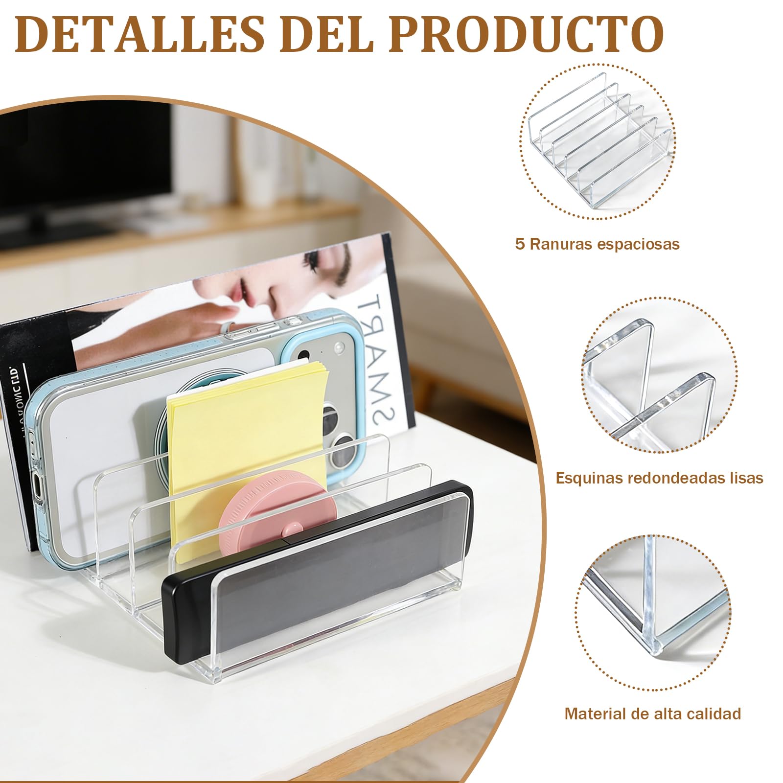Organizador de Oficina Acrílico Transparente 5 Compartimentos, Bandejas para Papeles Hogar Oficina Escuela