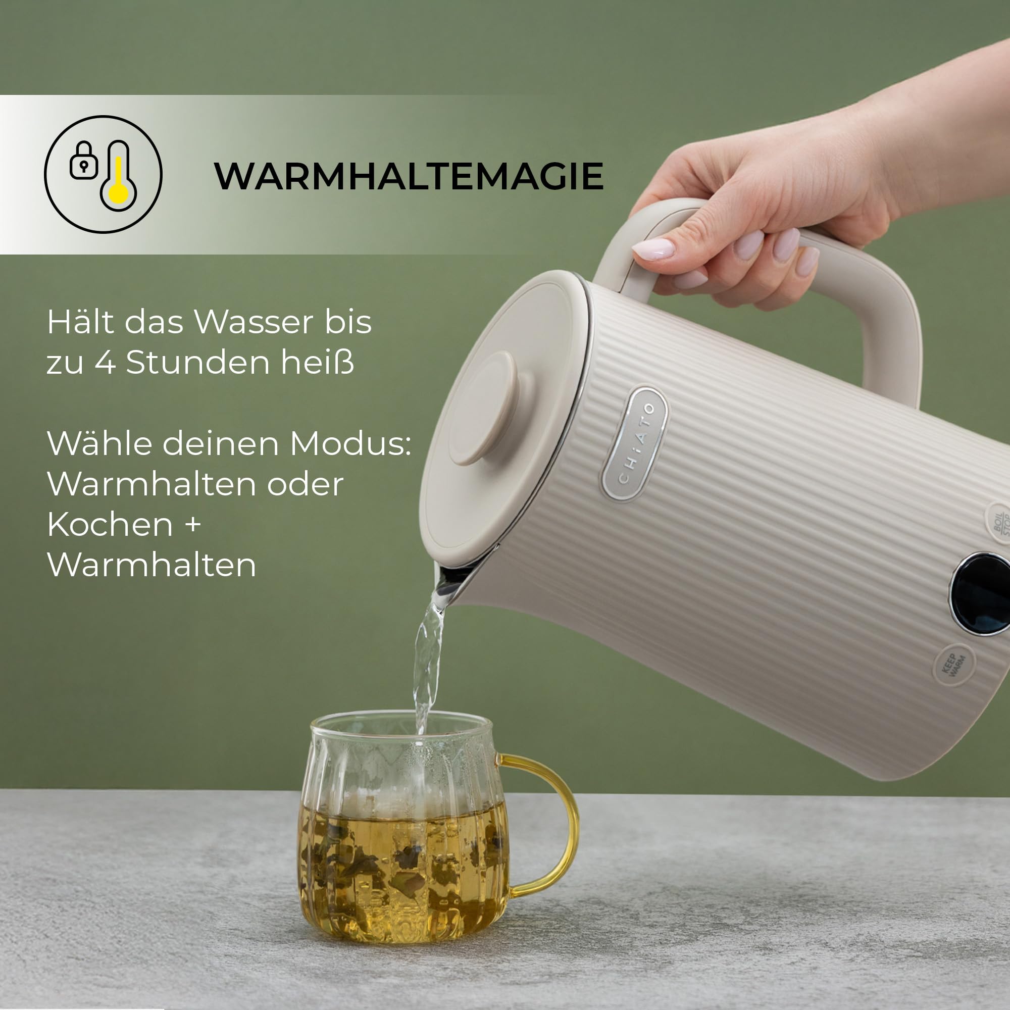 Bollitore elettrico da 1,7 l, in acciaio inox, 2200 W, 6 temperature da 45 a 100 °C, display a LED, per tè e caffè, sabbia