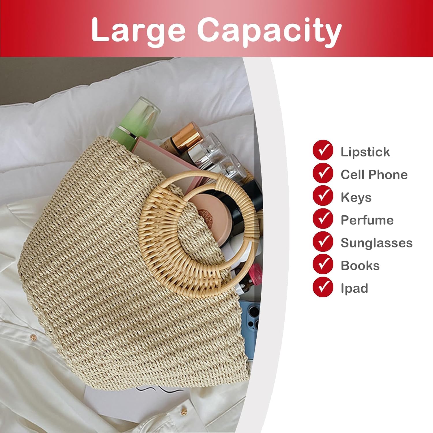 QZUnique Hand-woven Straw Bag Women Summer Beach Handbag Purse Retro Rattan Tote Clutch Travel Bag with Wood Round Top Handle