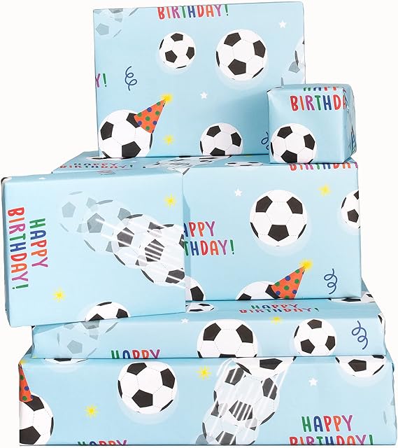 Central 23 - Fun Wrapping Paper for Boys - 6 Sheets of Gift Wrap - Football - Party Hats - Birthday Wrapping Paper - For Men Women - Recyclable