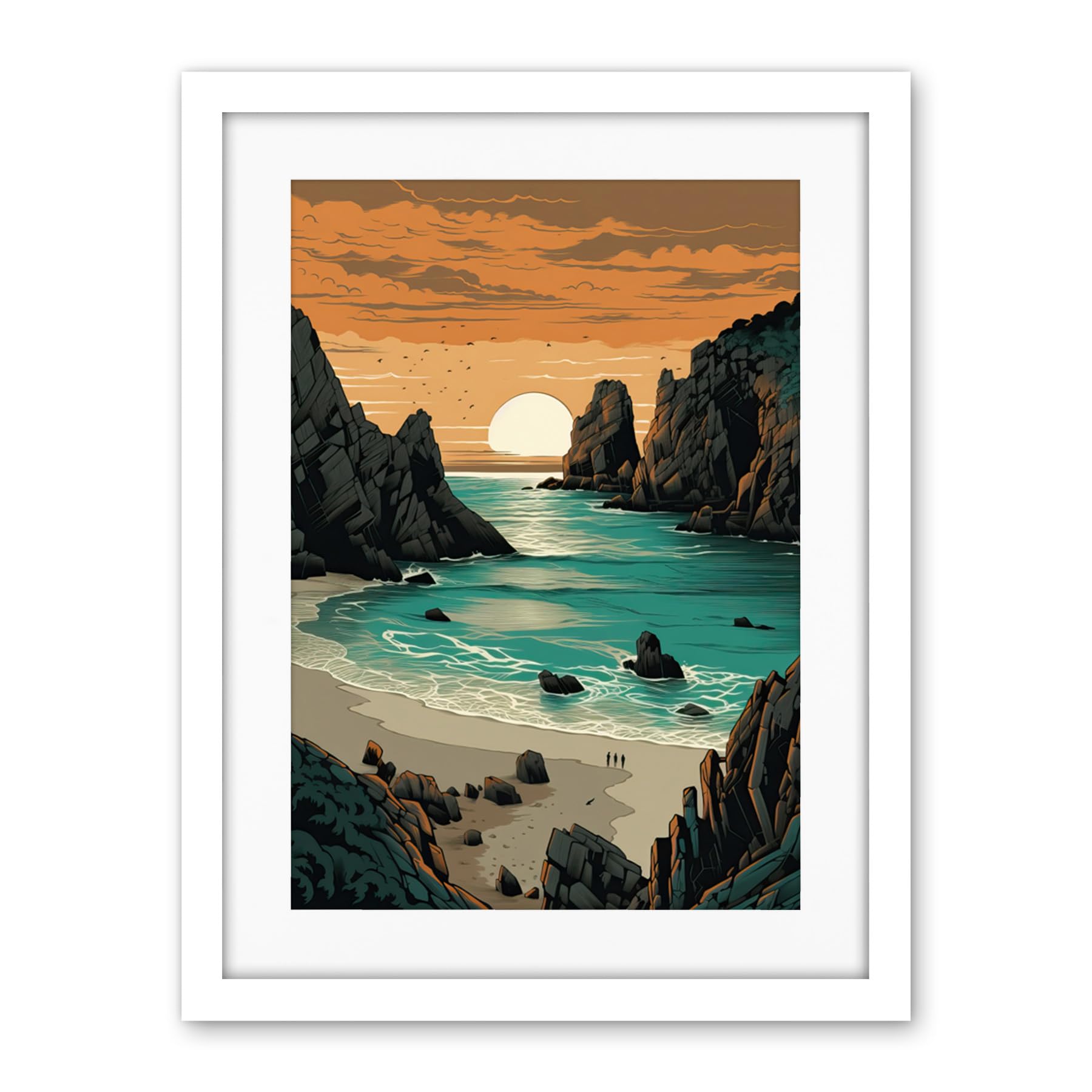 Artery8 Porthcurno Beach Sunrise Coastal Landscape Artwork Framed Wall Art Print 18X24 Inch