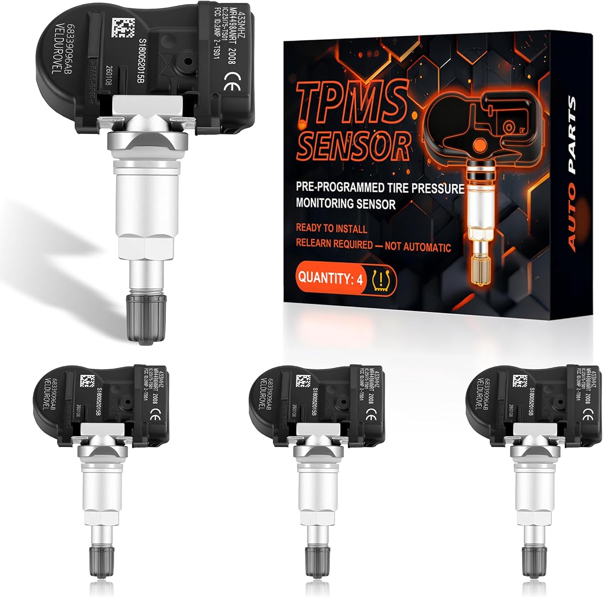 433MHz Tire Pressure Monitoring Sensor Pre-Programmed 4PCS TPMS | Fit for Jeep Wrangler/Gladiator/Grand Cherokee 2021-2024, Wagoneer 2022-2024 & Maserati Granturismo Grecale | OEM 68339096AB