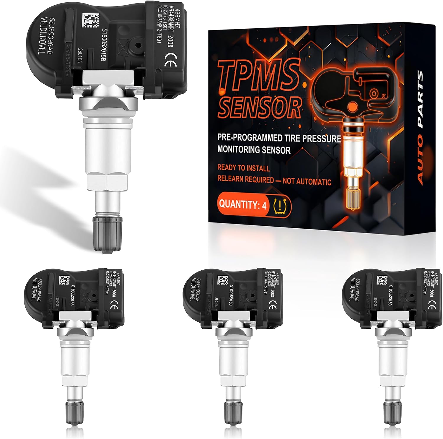 433MHz Tire Pressure Monitoring Sensor Pre-Programmed 4PCS TPMS