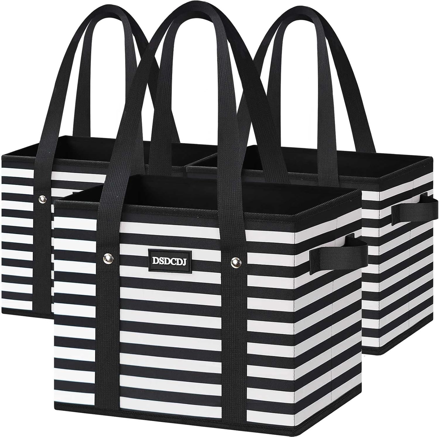 Reusable Grocery Bags 3 Pack - Heavy Duty Reusable Shopping Bags with Hard Bottom & Long Handles, Foldable Utility Tote Bag with Box Shape to Stand Up, 13x10.23x11in, Stripe Black