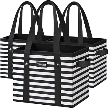 Reusable Grocery Bags 3 Pack - Heavy Duty Reusable Shopping Bags with Hard Bottom & Long Handles, Foldable Utility Tote Bag with Box Shape to Stand Up, 13x10.23x11in, Stripe Black