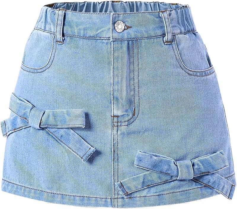 Girl's Bow Knot Skorts Elastic High Waist Denim Skirt Shorts with Pockets