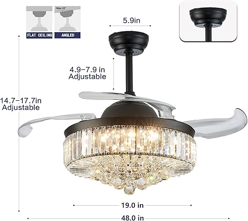 Miniatura 2 de DuMaiWay Candelabro de techo de cristal regulable de 48 pulgadas con control remoto de 6 velocidades, ventiladores retráctiles de 4 aspas para