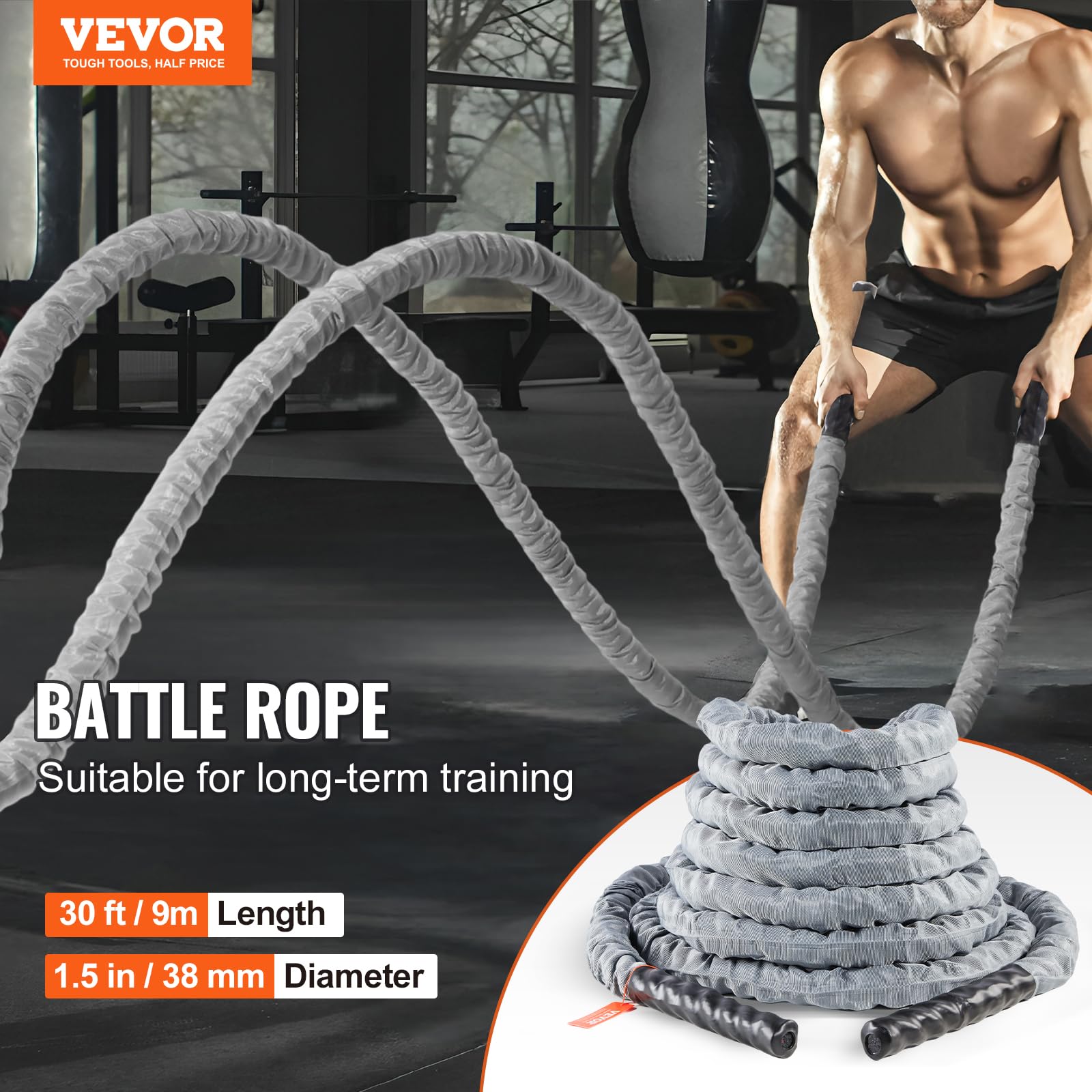 VEVOR Corde de combat, 38 mm, corde d'entraînement en polyester, 9,1 m, équipement d'exercice lourd avec manchon de protection et ancre, pour la salle de gym à domicile, renforcement musculaire, gris