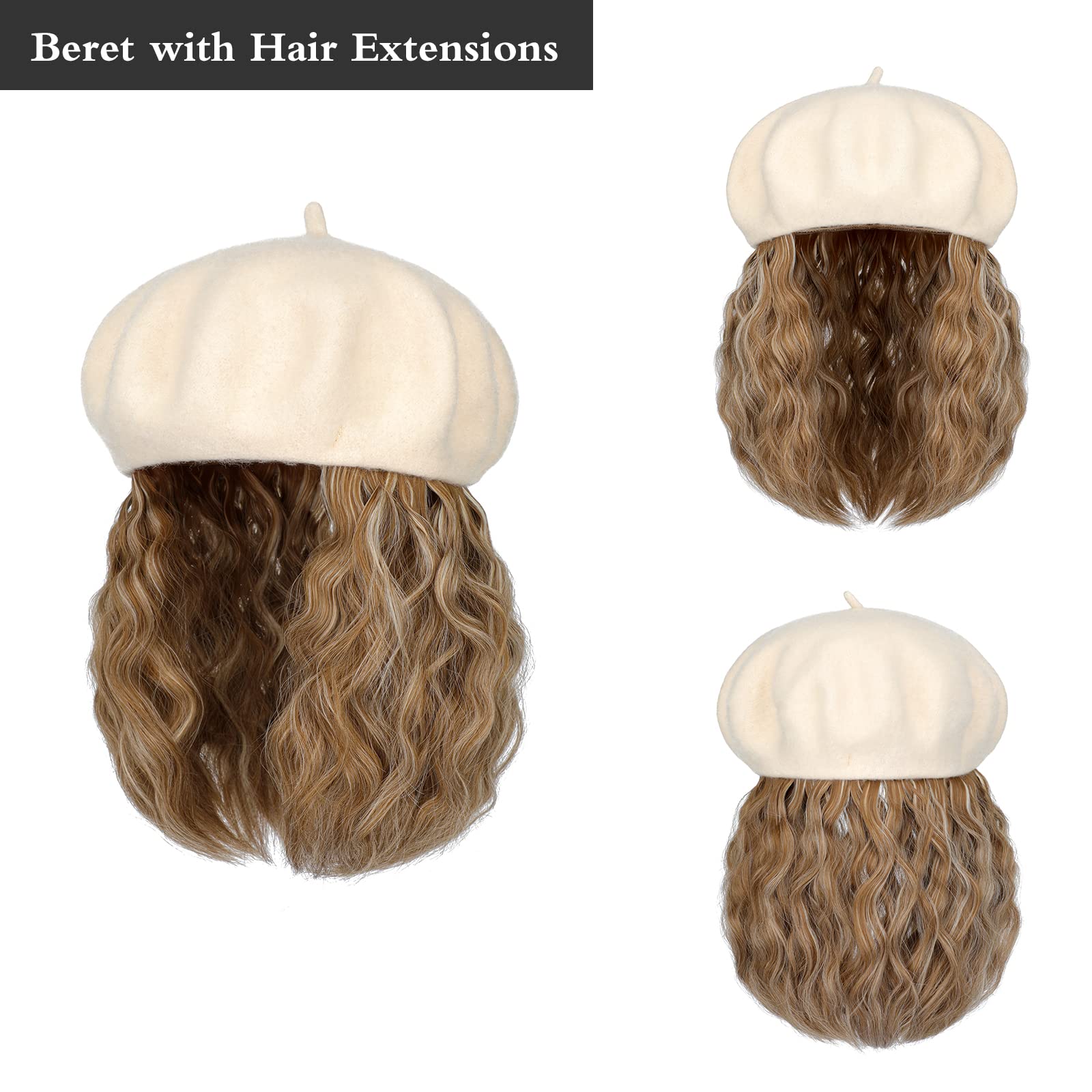 7283 Berets With Hair Attached,winter/autumn Warm Hats With Detachable Hair Amazon.com : Qlenkay Beret Hat with Hair Extensions French  main image 3