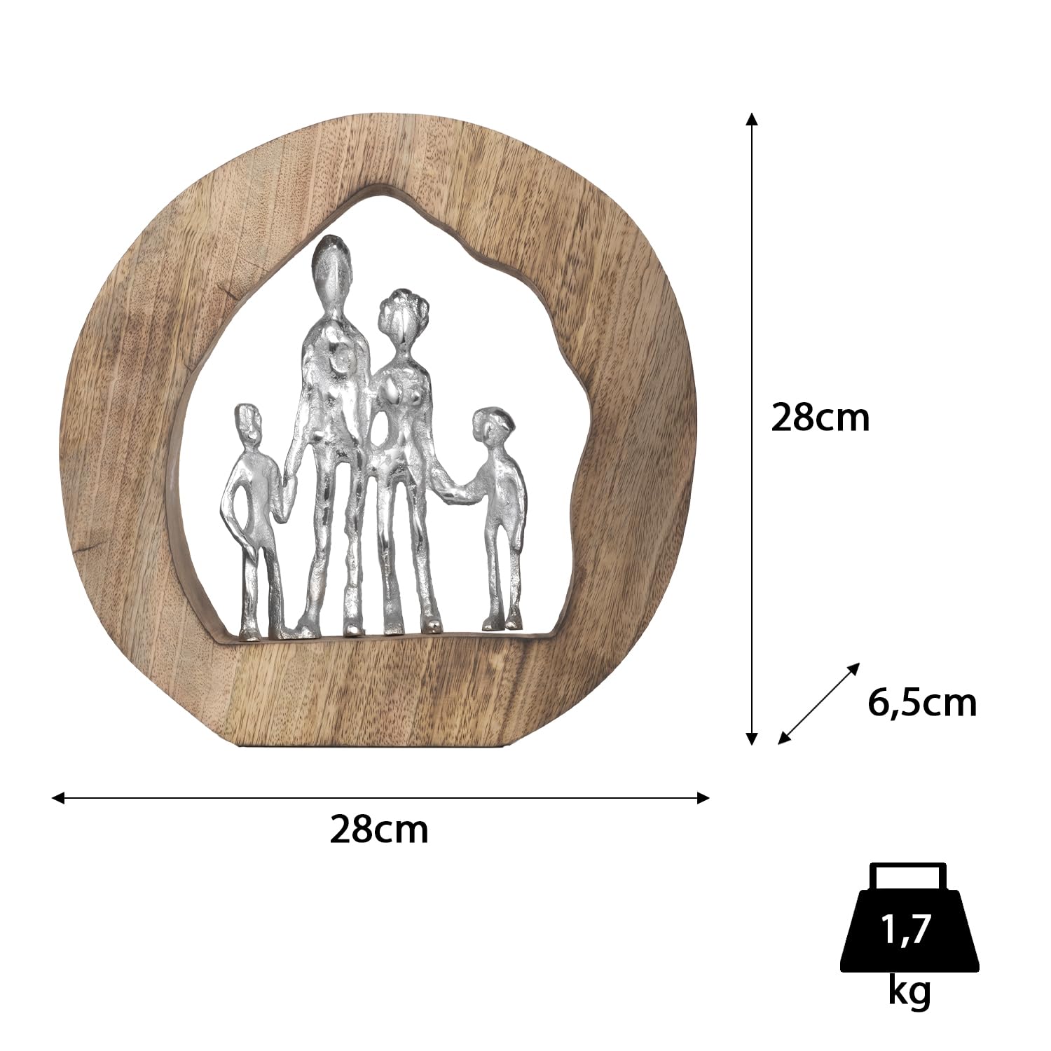 Moritz Skulptur Family Familie 4 Personen 28 cm Mangoholz – Dekofigur | Handgefertigtes Unikat aus Holz und Metall, Symbol für Geborgenheit, Geschenk zur Geburt, Hochzeit oder zum Muttertag