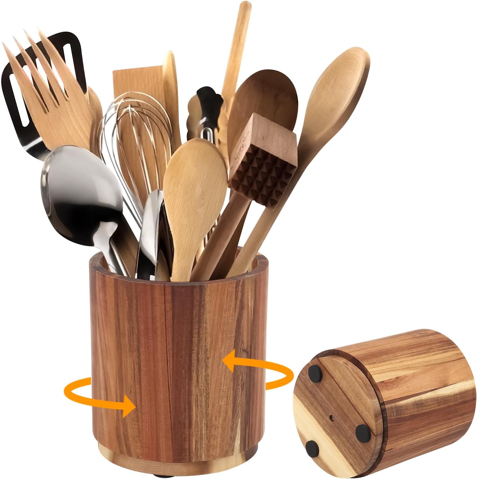 Acacia Wooden Utensil Holder,360° Rotating, Large Countertop Organizer,Farmhouse Utensil Crocks Organiser Cutlery Caddy,Cooking Tools Storage for Spoons, Cooking Tools, etc. (16.7cm x 15cm x 15cm)