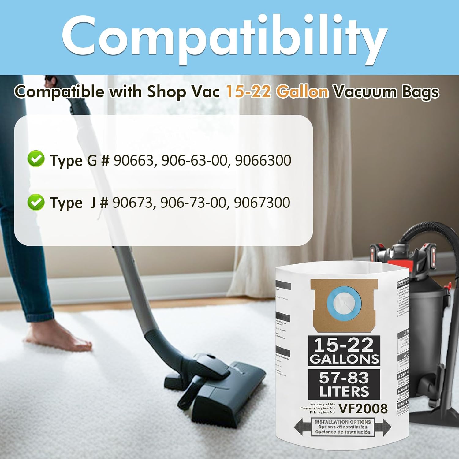 15 Pack Vaccum Bags Compatible with Shop Vac Bags 15-22 Gallon, Type G/J 90663,9066300,90673,9067300,VF2008 Disposable Dust Collection Vaccum Filter Bag