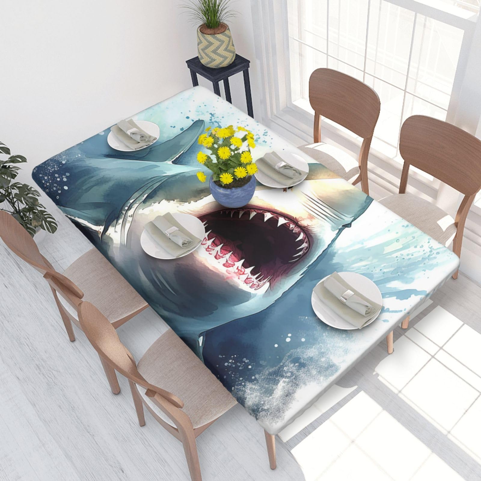 Shark In The Sea Waterproof Square Table Cover Elastic Fitted Tablecloth Oil Proof Table Protector For 4ft Table