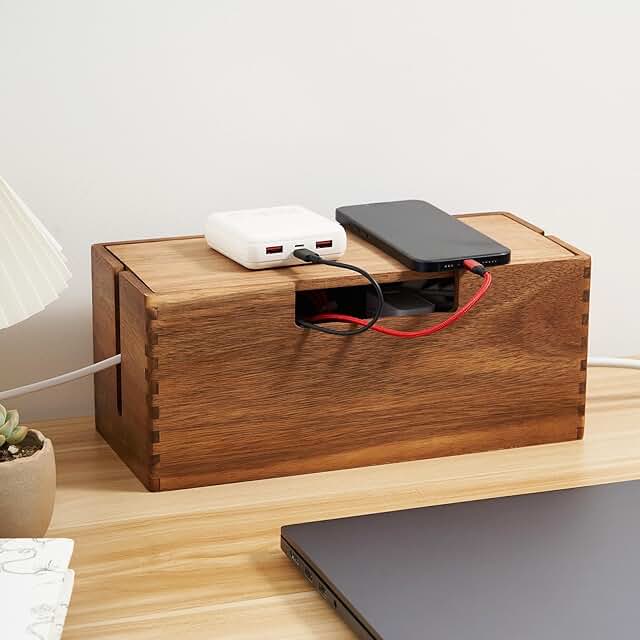 Acacia Wood Cable Management Box, Wooden Cord Hider & Organizer for Powe...
