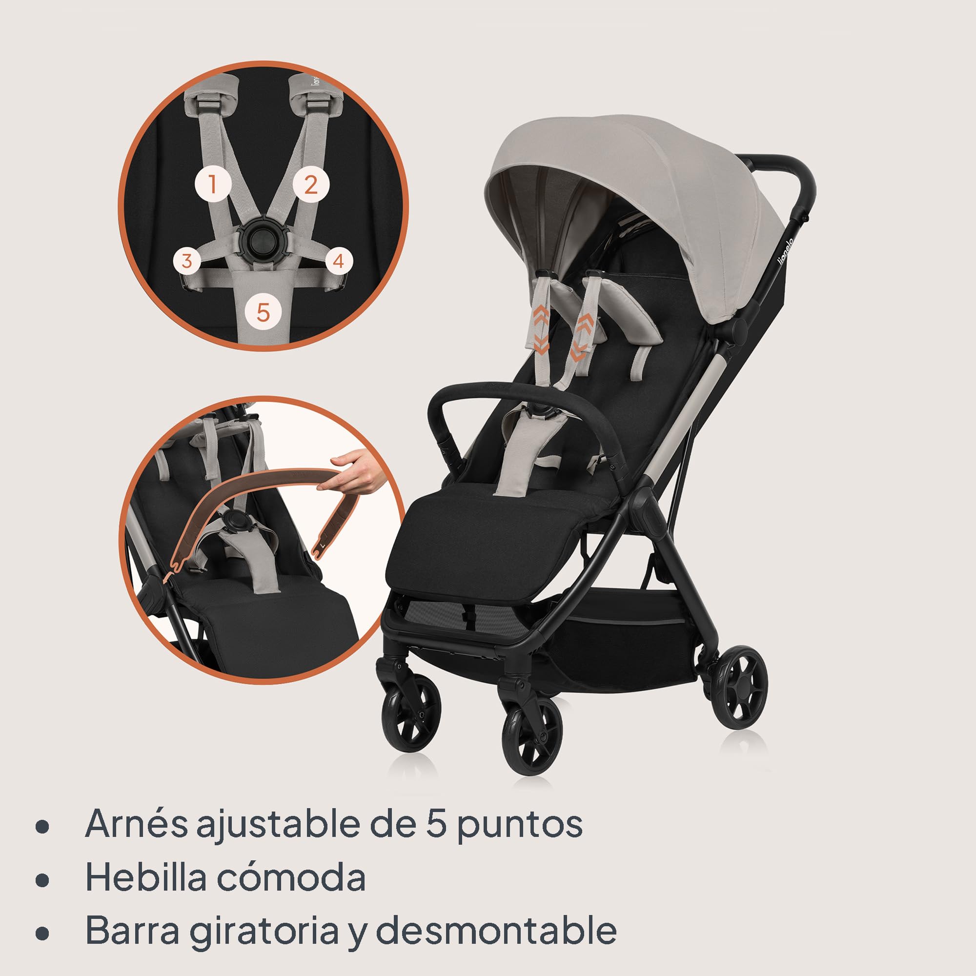 LIONELO Julie Air Carrito Bebe hasta 22 kg de 6 m a 4 años Para Avión Ruedas Giratorias 360° Suspensión Plegable con una Sola Mano Respaldo Ajustable Capota UPF50+, Ligero