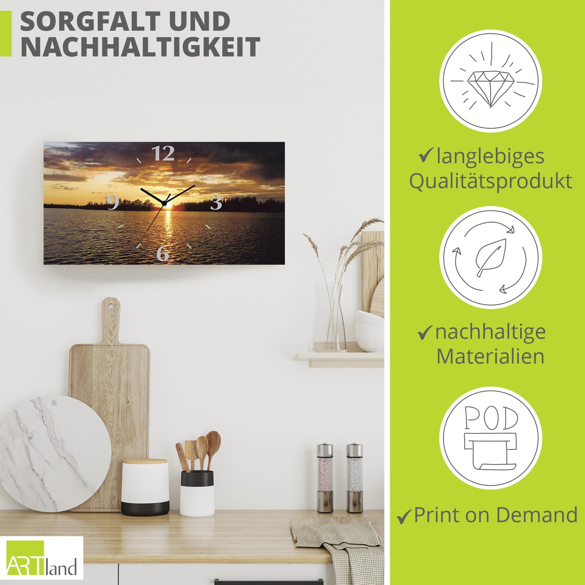 ARTLAND Wanddeko Wanduhr ohne Tickgeräusche Alu Funkuhr 50x25 cm Rechteckig Lautlos Landschaft Sonnenuntergang See Sonne Natur Design T4WP