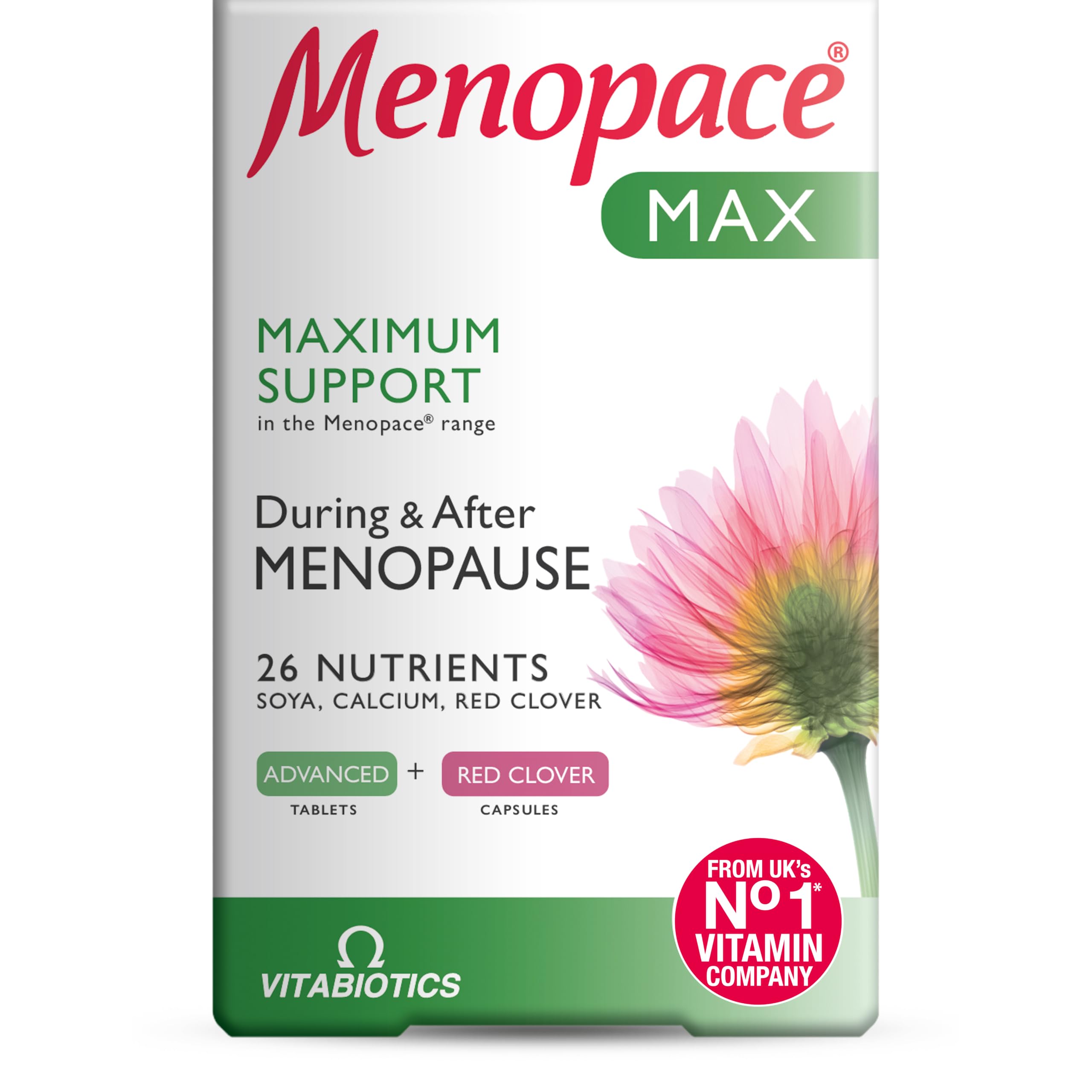 Menopace Max - Menopause & Perimenopause Maximum Support with Calcium, SOYA Isoflavones & Red Clover - UK's No.1 Menopause Supplement Brand