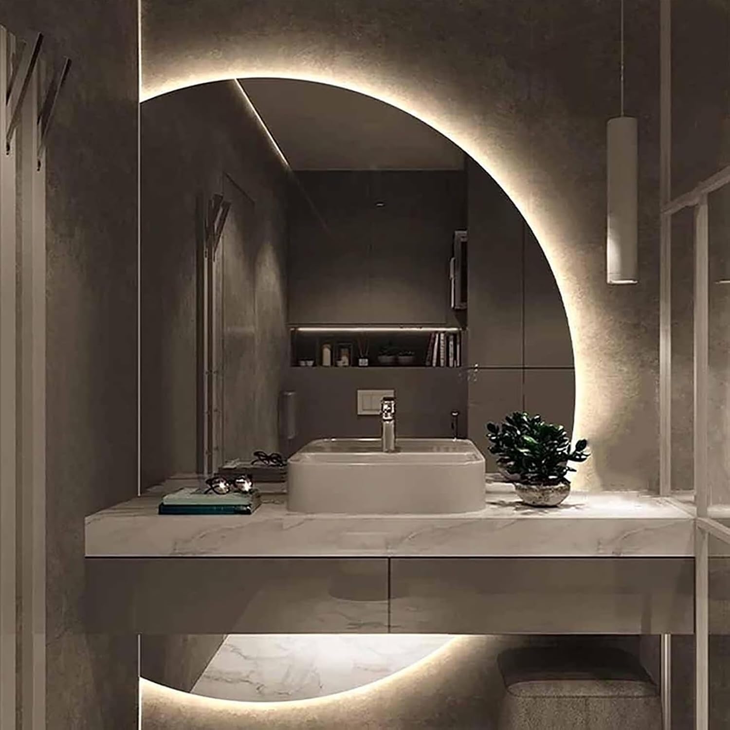 Large Half Moon Wall Mirror, 3 Colors Dimmable LED Defog Bathroom Mirror, Backlit Decorative Mirror, for Bedroom Living Room Entrance (Left Cut, 35 * 51INCH)