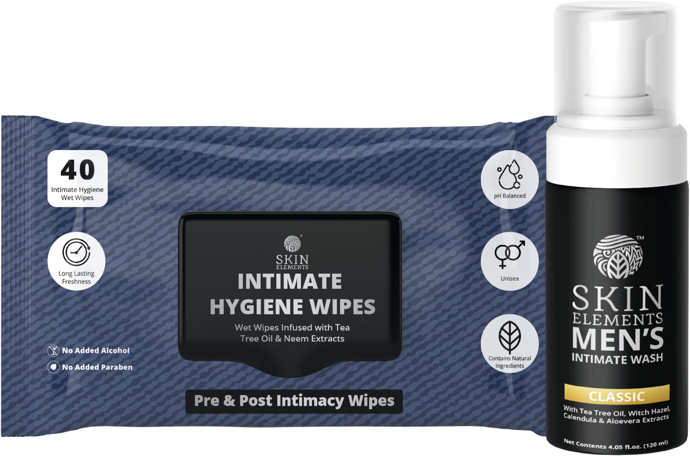 Skin Elements Intimate Hygiene Combo| Intimate Wash Men 120 ml+Intimate Wipes 30 Individual Sachets With Tea Tree & Neem Extracts - pH Balanced Foaming Wash Prevents Irritation & Bad Odor