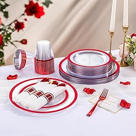 I00000 210 Pcs Christmas Plates Set,Clear and Red Plastic Plate Include 60 Plates,30 Cups,30 Rolled Napkins with Plastic Cutlery for Christmas Party Supplies
