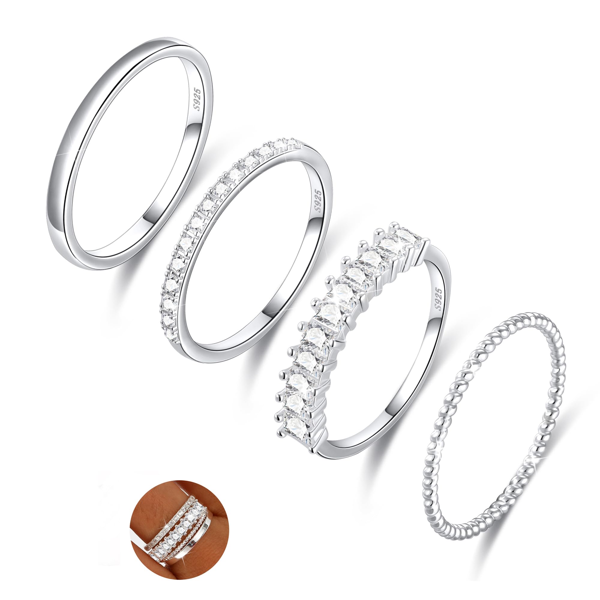 Sterling Silver Ring for Women, 4PCS Thin Stackable Rings Cubic Zirconia Thumb Ring Set Engagement Statement Wedding Bands for Women Size 5-10
