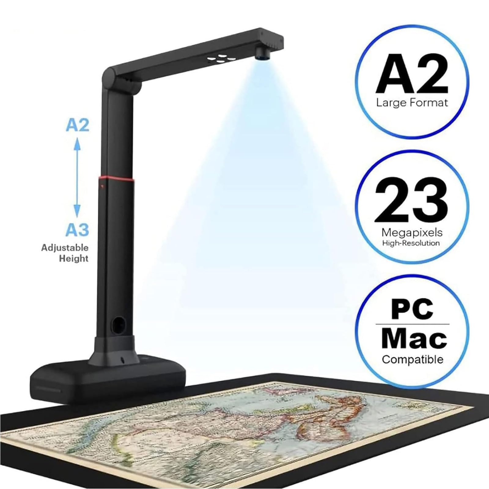 Scanner per Libri - Scanner Portatile Da 23 Mp Max A2. Ideale per Periodici, Libri, Documenti. Supporta A3/A4/A5, Schede. Ocr Multilingue, Mac/Windows