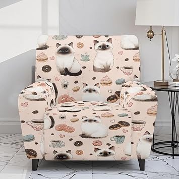 Siamese Cat Snack Print Reclining Chair Slipcover 4 Piece, Single Seater Lazyboy Sofa Cover with Elastic Bottom, Breathable Soft Recliner Cover with Side Pocket