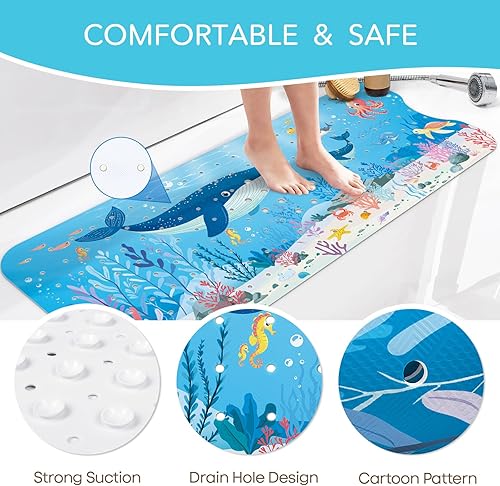 Miniatura 4 de Tapete de baño para bebé antideslizante de 40 x 16 pulgadas, extra largo para niños, tapete antideslizante para baño, lavable a máquina, ballena