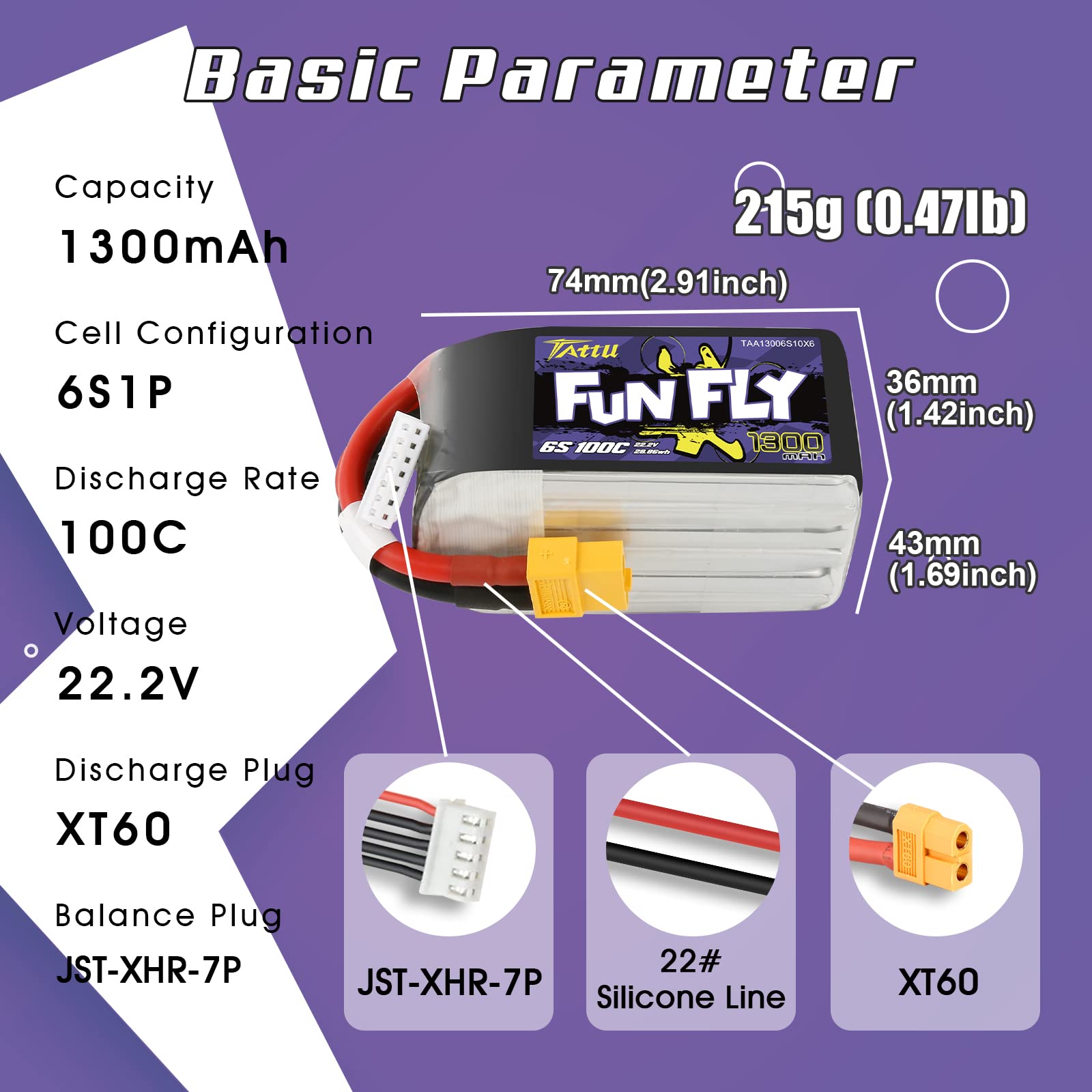 TATTU Funfly Series 1300 mAh 22,2 V 100C 6S1P Lipo Battery Pack with XT60 Plug